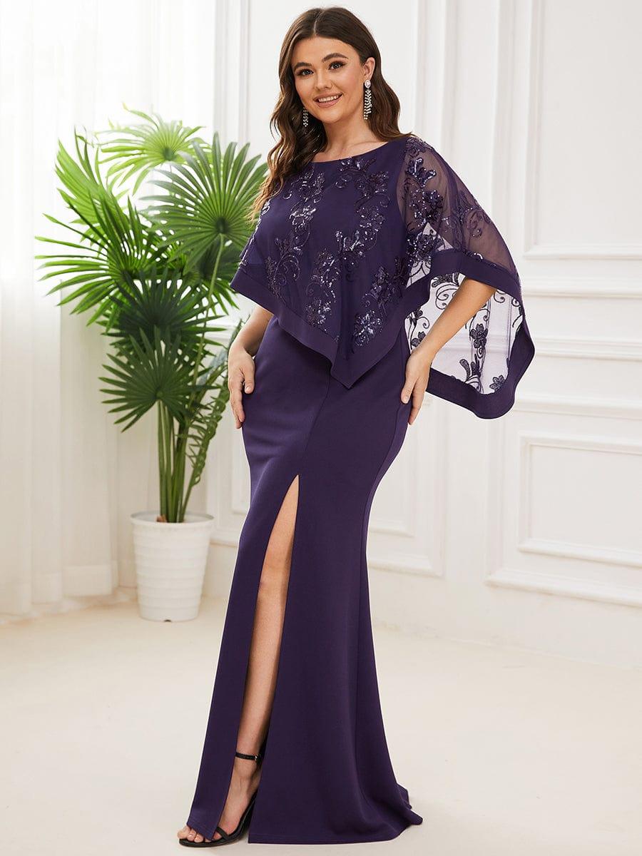 Plus Size Elegant Round Neck Bodycon Floor-Length Buttock Mother Dress #color_Dark Purple