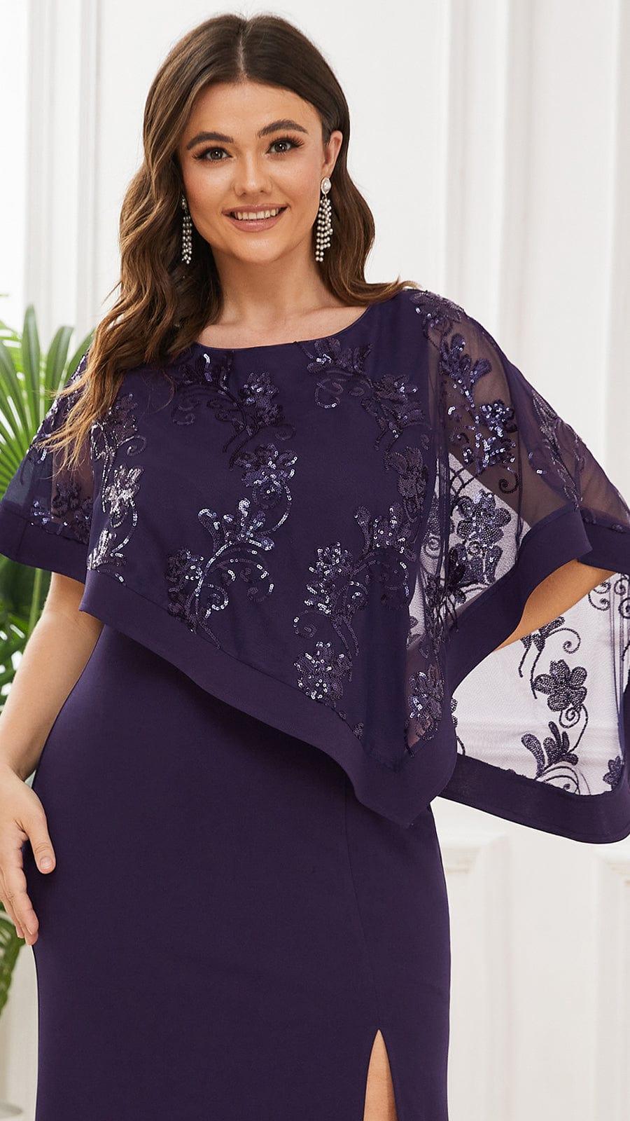 Plus Size Elegant Round Neck Bodycon Floor-Length Buttock Mother Dress #color_Dark Purple