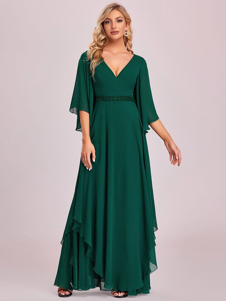 Color=Dark Green | Elegant V-Neck Ruffle Sleeve Mother Of The Bride Dress-Dark Green 6