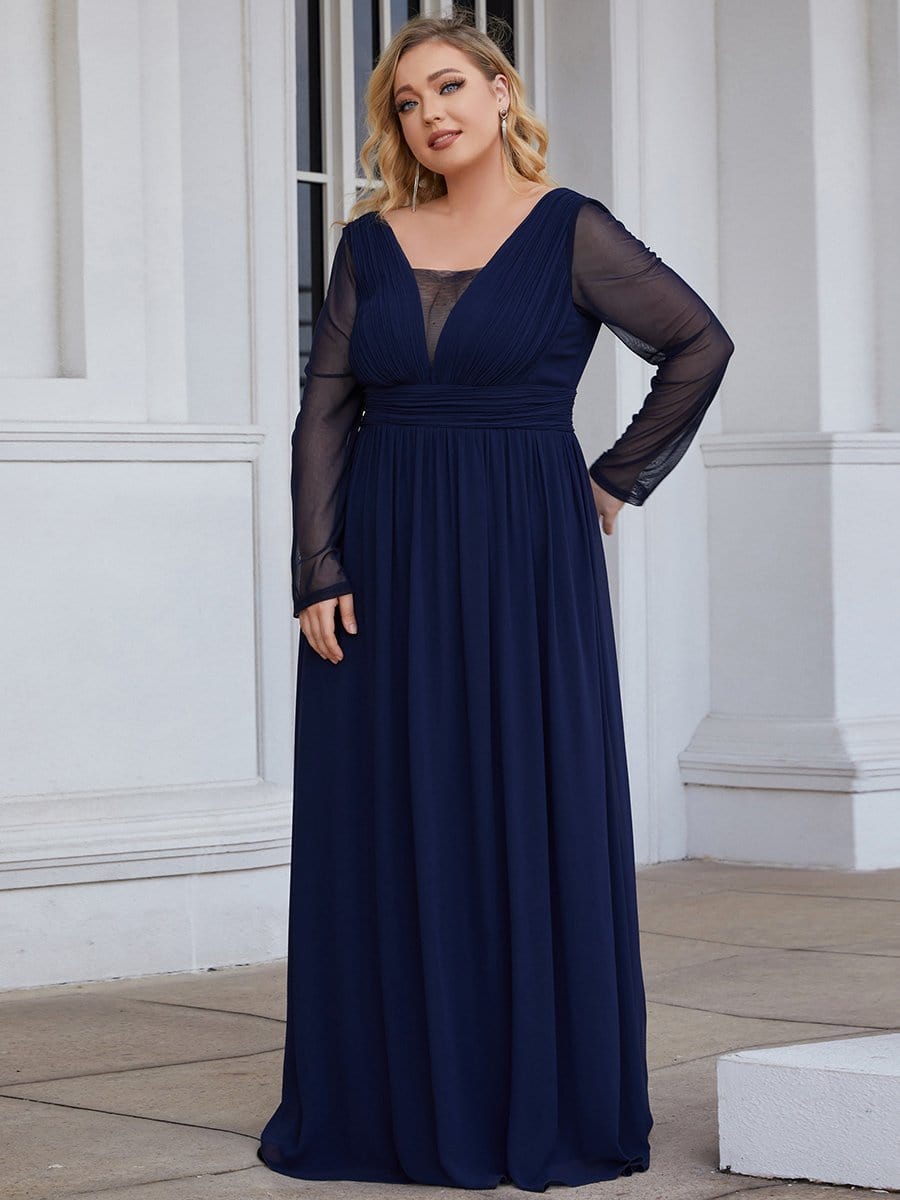 Color=Navy Blue | Plus Size A-Line Pleated Long Sleeve Mother Of The Bride Dress-Navy Blue 1 Color=Navy Blue | Plus Size A-Line Pleated Long Sleeve Mother Of The Bride Dress-Navy Blue 1