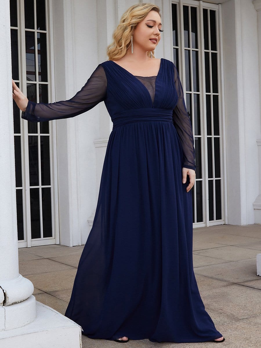 Color=Navy Blue | Plus Size A-Line Pleated Long Sleeve Mother Of The Bride Dress-Navy Blue 1 Color=Navy Blue | Plus Size A-Line Pleated Long Sleeve Mother Of The Bride Dress-Navy Blue 5