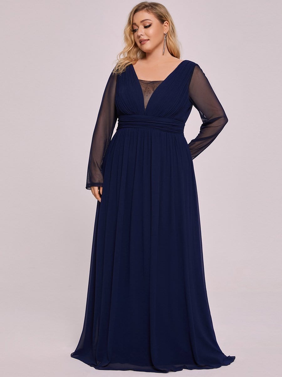 Color=Navy Blue | Plus Size A-Line Pleated Long Sleeve Mother Of The Bride Dress-Navy Blue 1 Color=Navy Blue | Plus Size A-Line Pleated Long Sleeve Mother Of The Bride Dress-Navy Blue 6