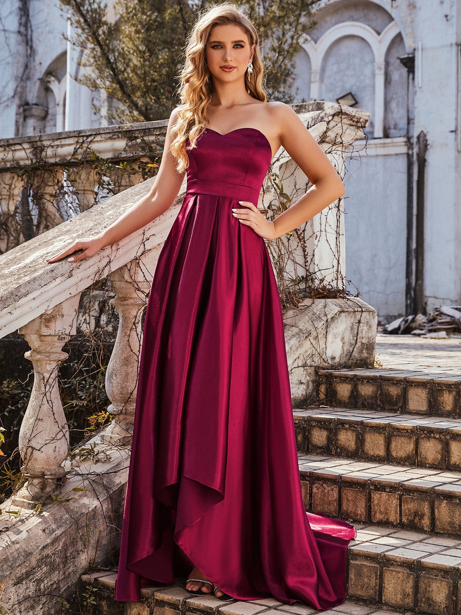 Custom Size Sweetheart Strapless Prom Dress with Asymmetrical Hem #color_Burgundy Custom Size Sweetheart Strapless Prom Dress with Asymmetrical Hem