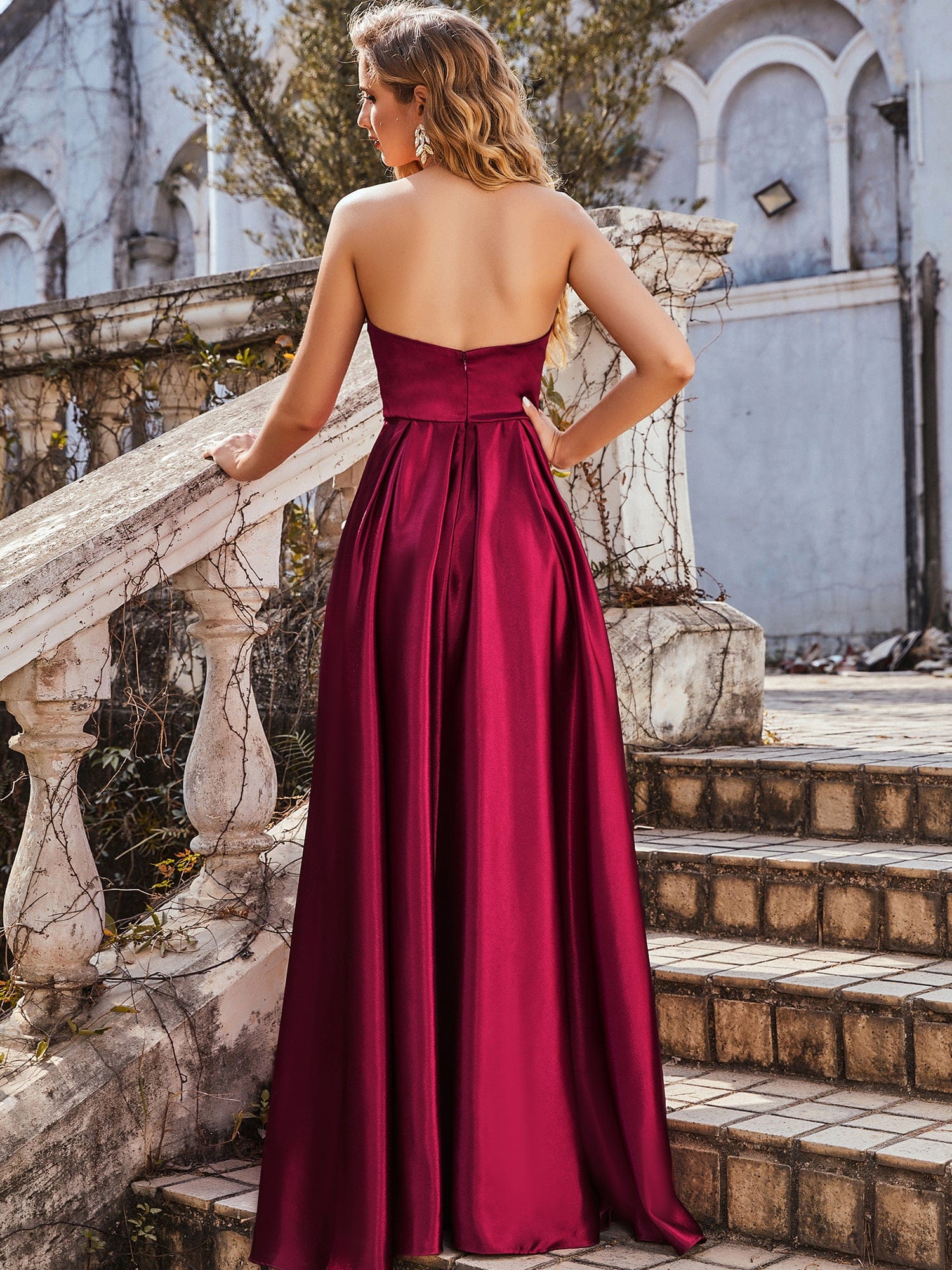 Custom Size Sweetheart Strapless Prom Dress with Asymmetrical Hem #color_Burgundy Custom Size Sweetheart Strapless Prom Dress with Asymmetrical Hem