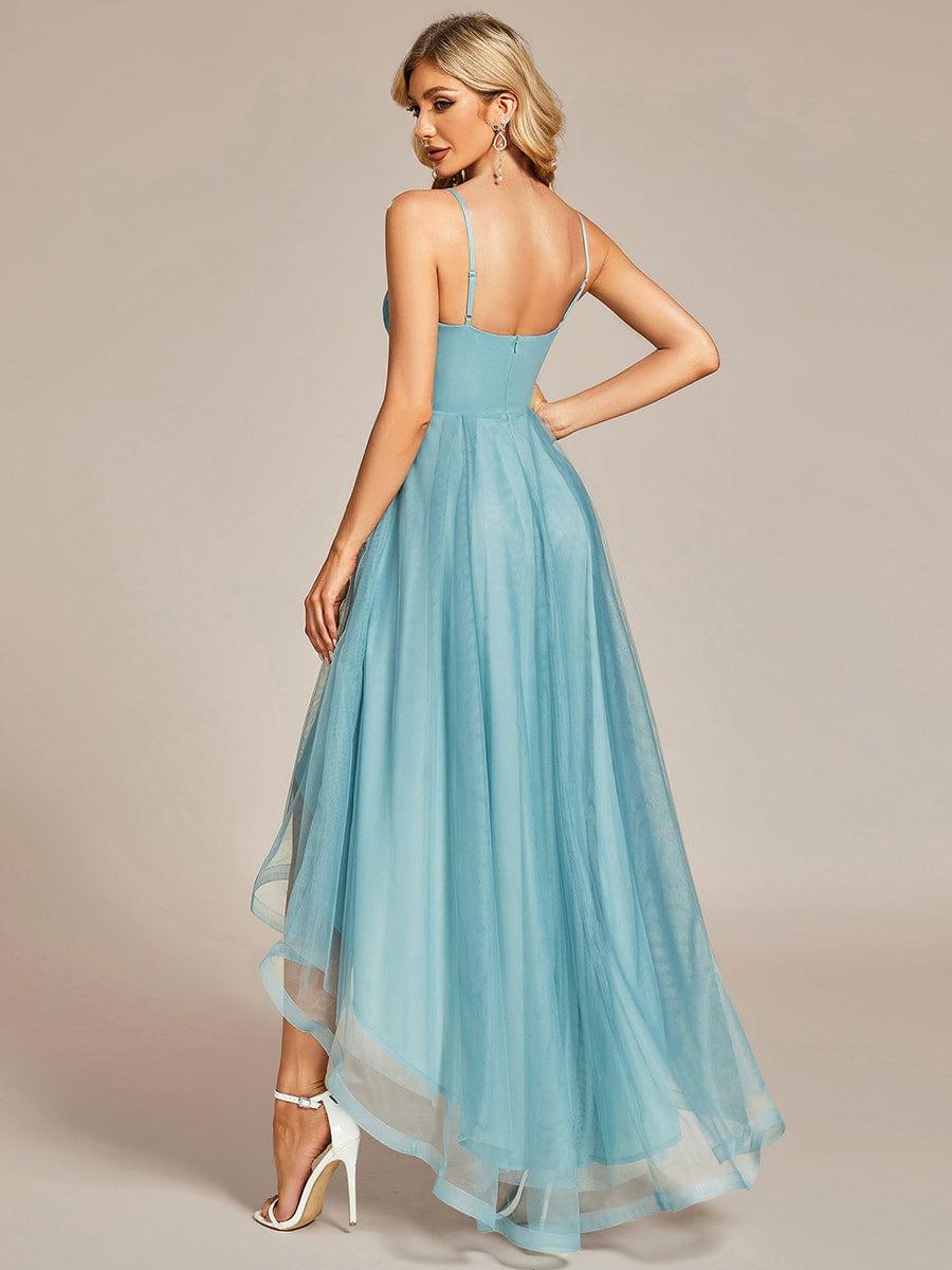Stylish Floral Embroidered Waist High-Low Prom Dress #color_Light Teal