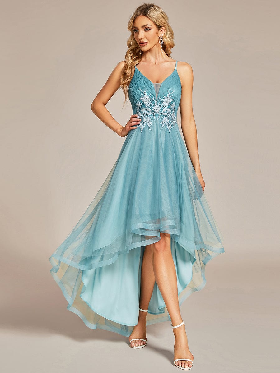Stylish Floral Embroidered Waist High-Low Prom Dress #color_Dusty Blue