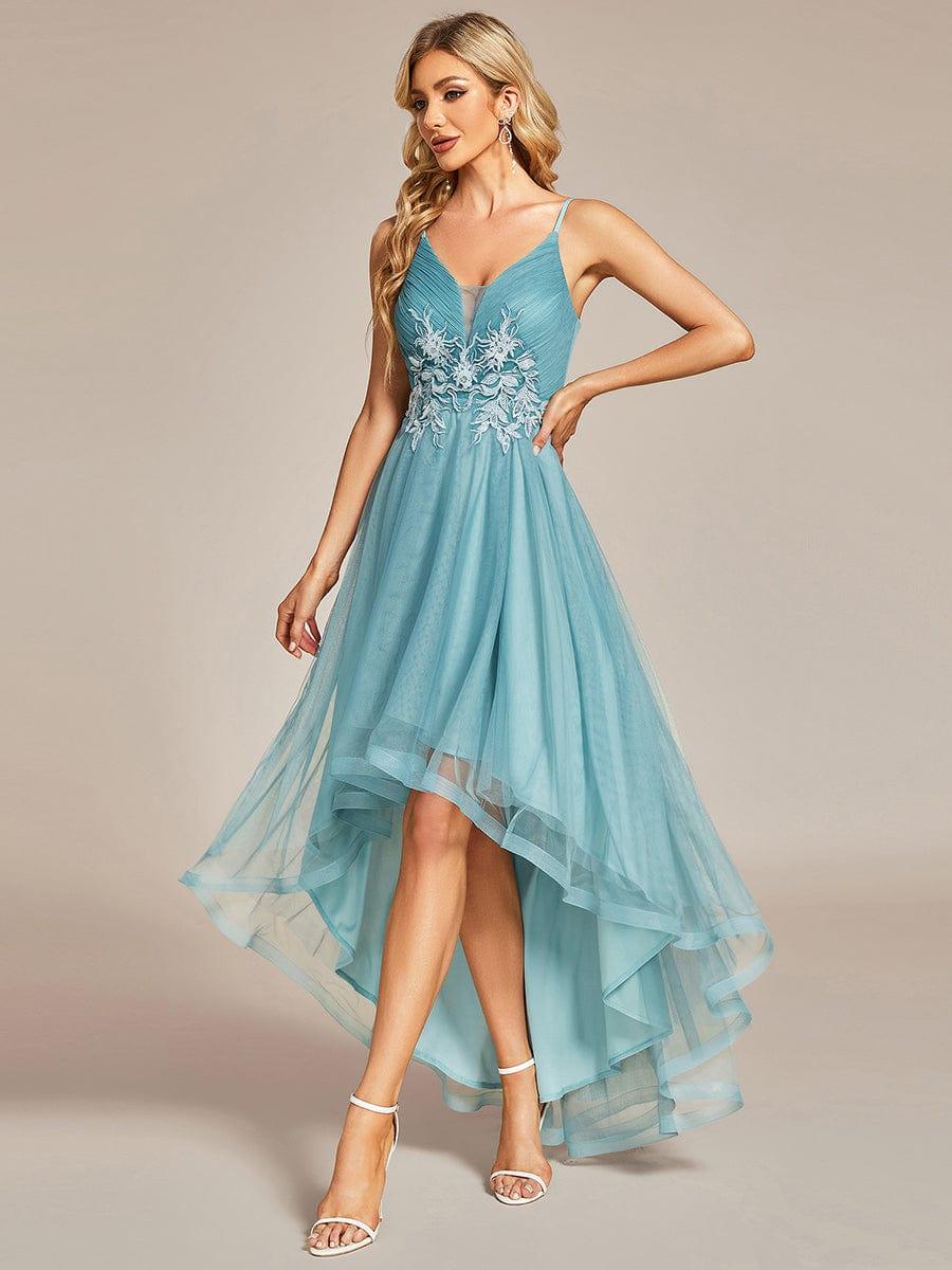 Stylish Floral Embroidered Waist High-Low Prom Dress #color_Light Teal