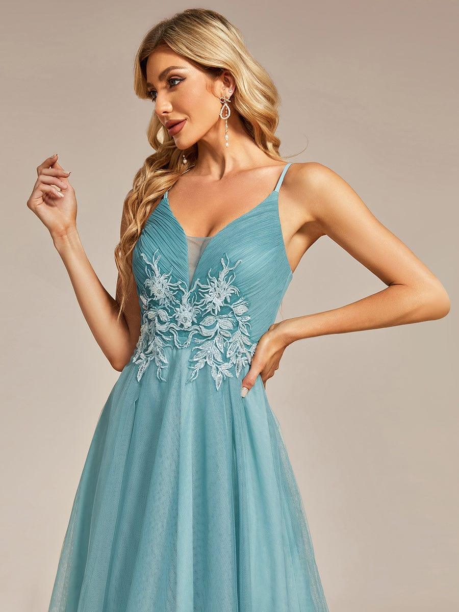 Stylish Floral Embroidered Waist High-Low Prom Dress #color_Light Teal