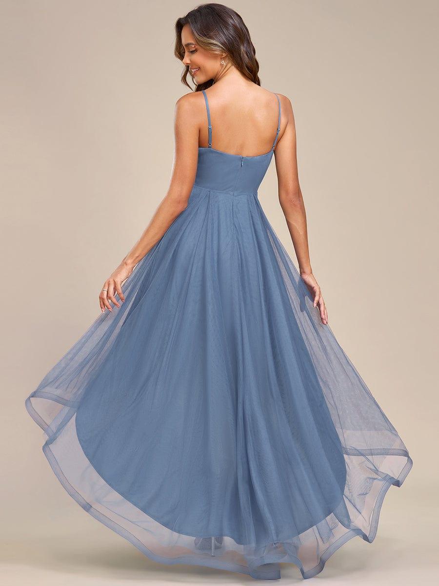 Stylish Floral Embroidered Waist High-Low Prom Dress #color_Dusty Blue