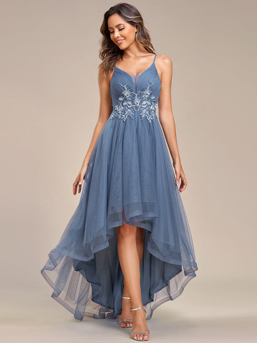 Stylish Floral Embroidered Waist High-Low Prom Dress