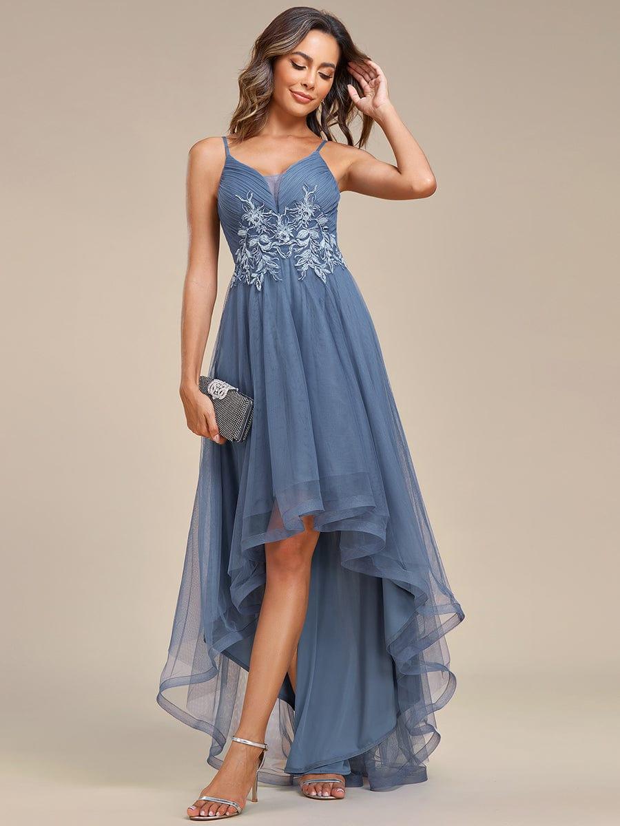 Stylish Floral Embroidered Waist High-Low Prom Dress #color_Dusty Blue
