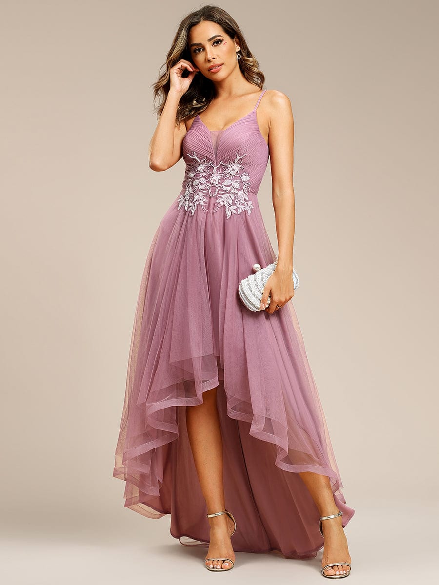 Stylish Floral Embroidered Waist High-Low Prom Dress #color_Purple Orchid