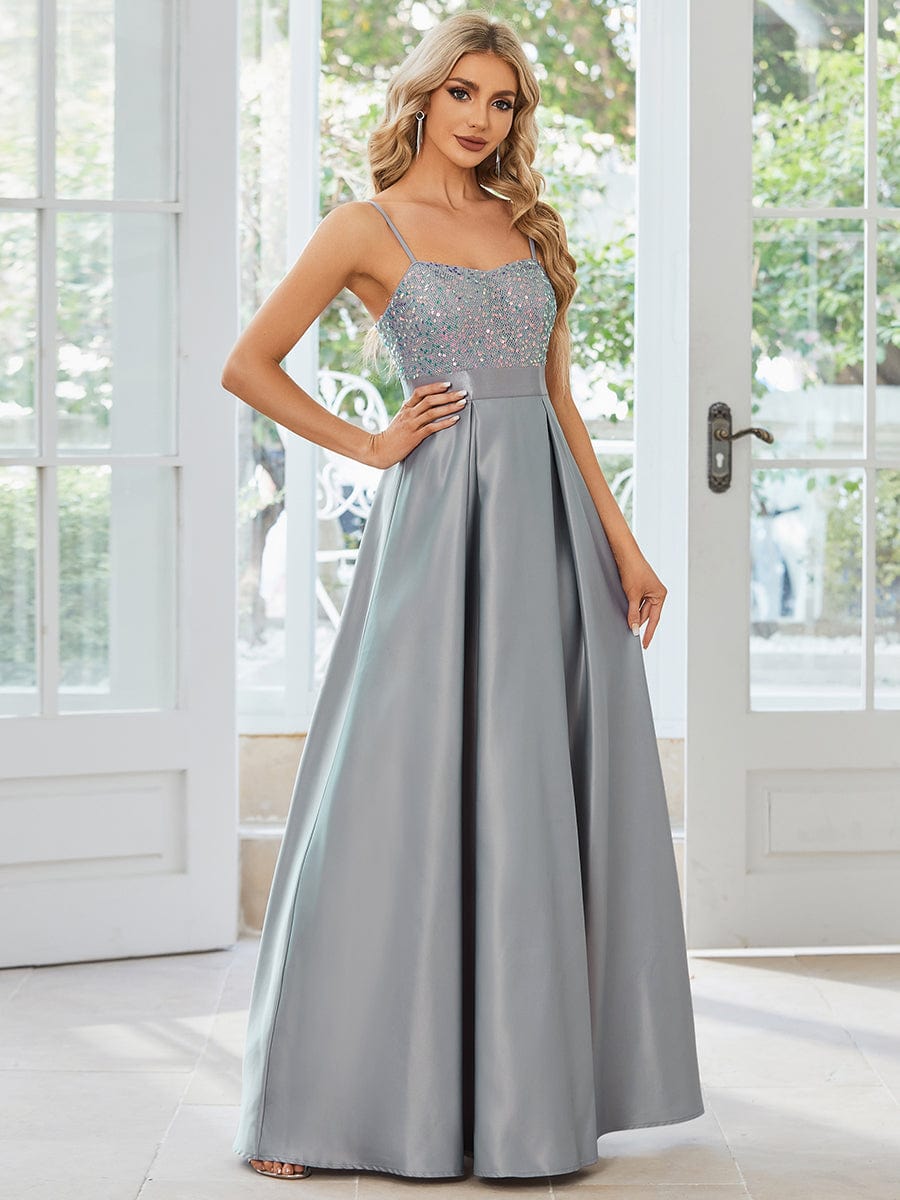 Spaghetti Strap Sequin Bodice A-Line Satin Prom Dress #color_Grey Spaghetti Strap Sequin Bodice A-Line Satin Prom Dress