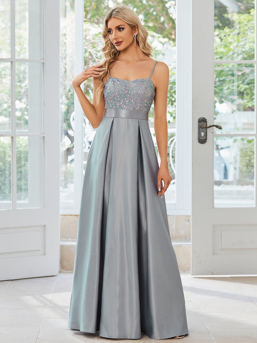 Spaghetti Strap Sequin Bodice A-Line Satin Prom Dress #color_Grey Spaghetti Strap Sequin Bodice A-Line Satin Prom Dress