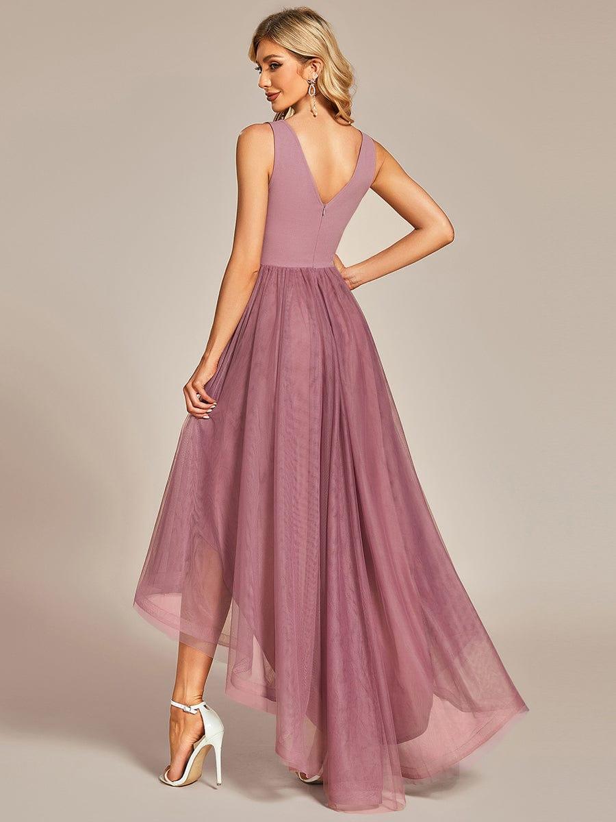Sleeveless Tulle High Low Prom Dress with Waist Chain #color_Dusty Blue Sleeveless Tulle High Low Prom Dress with Waist Chain