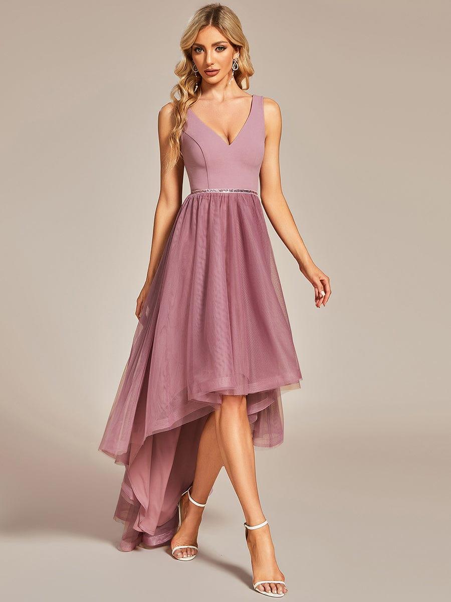 Sleeveless Tulle High Low Prom Dress with Waist Chain #color_Dusty Blue Sleeveless Tulle High Low Prom Dress with Waist Chain