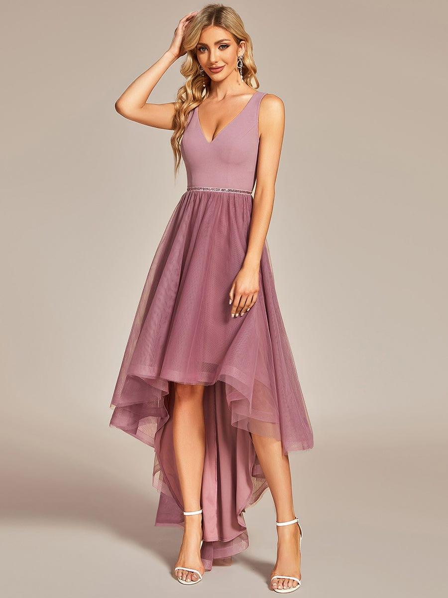 Sleeveless Tulle High Low Prom Dress with Waist Chain #color_Dusty Blue Sleeveless Tulle High Low Prom Dress with Waist Chain