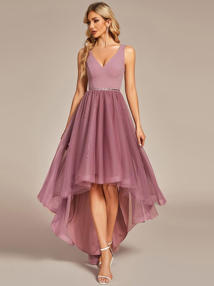 Sleeveless Tulle High Low Prom Dress with Waist Chain