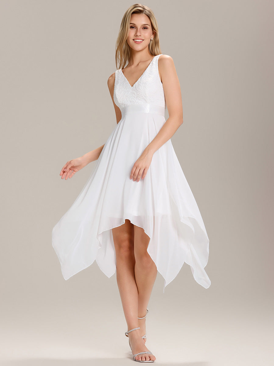 Stunning V Neck Lace Asymmetrical Hems Dress for Women #color_Cream