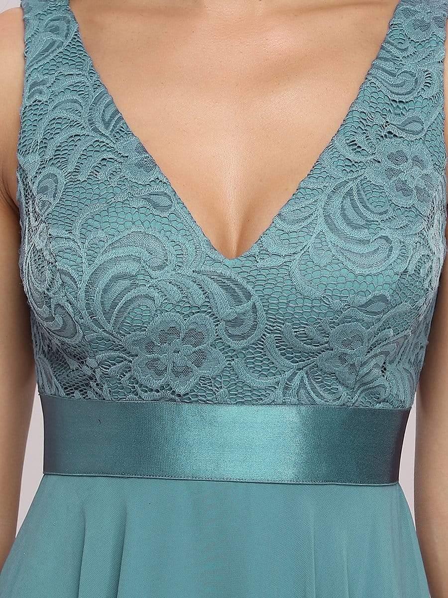 Stunning V Neck Lace Asymmetrical Hems Dress for Women #color_Light Teal