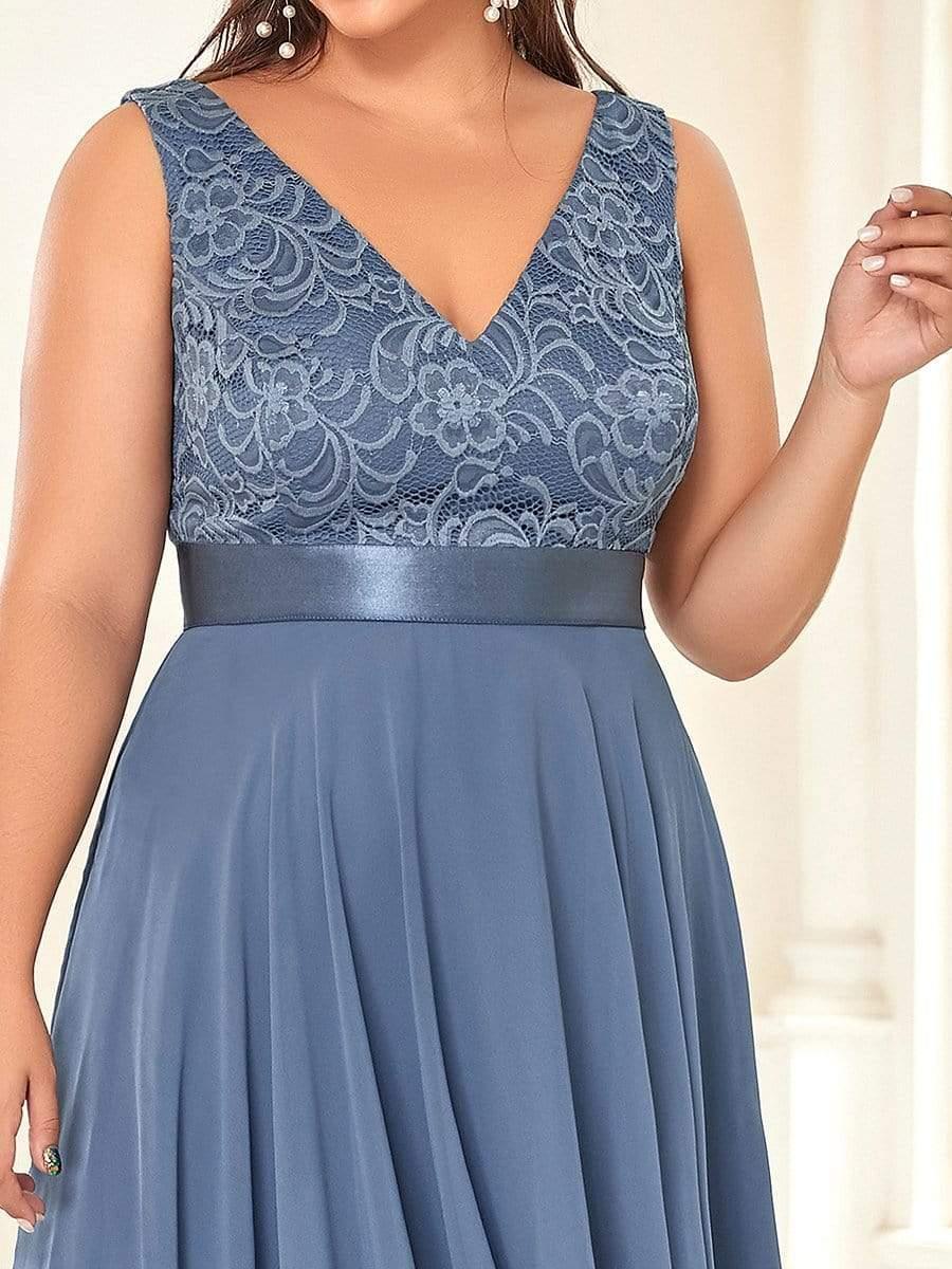 Stunning V Neck Lace Asymmetrical Hems Dress for Women #color_Dusty Blue