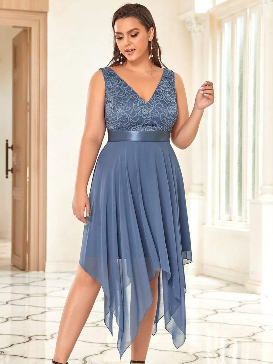 Stunning V Neck Lace Asymmetrical Hems Dress for Women #color_Dusty Blue