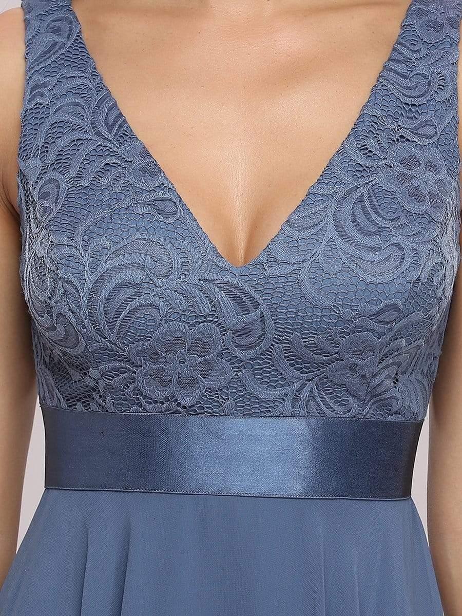 Stunning V Neck Lace Asymmetrical Hems Dress for Women #color_Dusty Blue