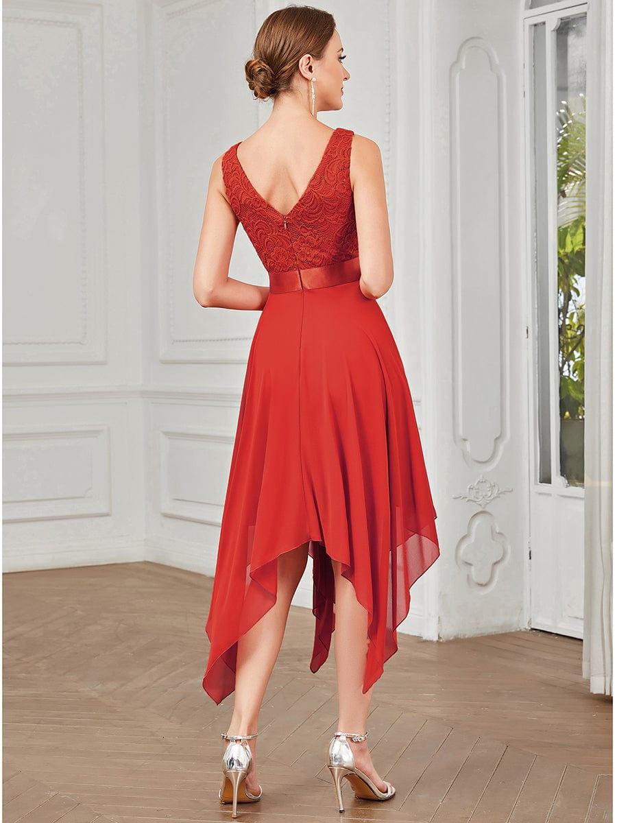 Stunning V Neck Lace Asymmetrical Hems Dress for Women #color_Red