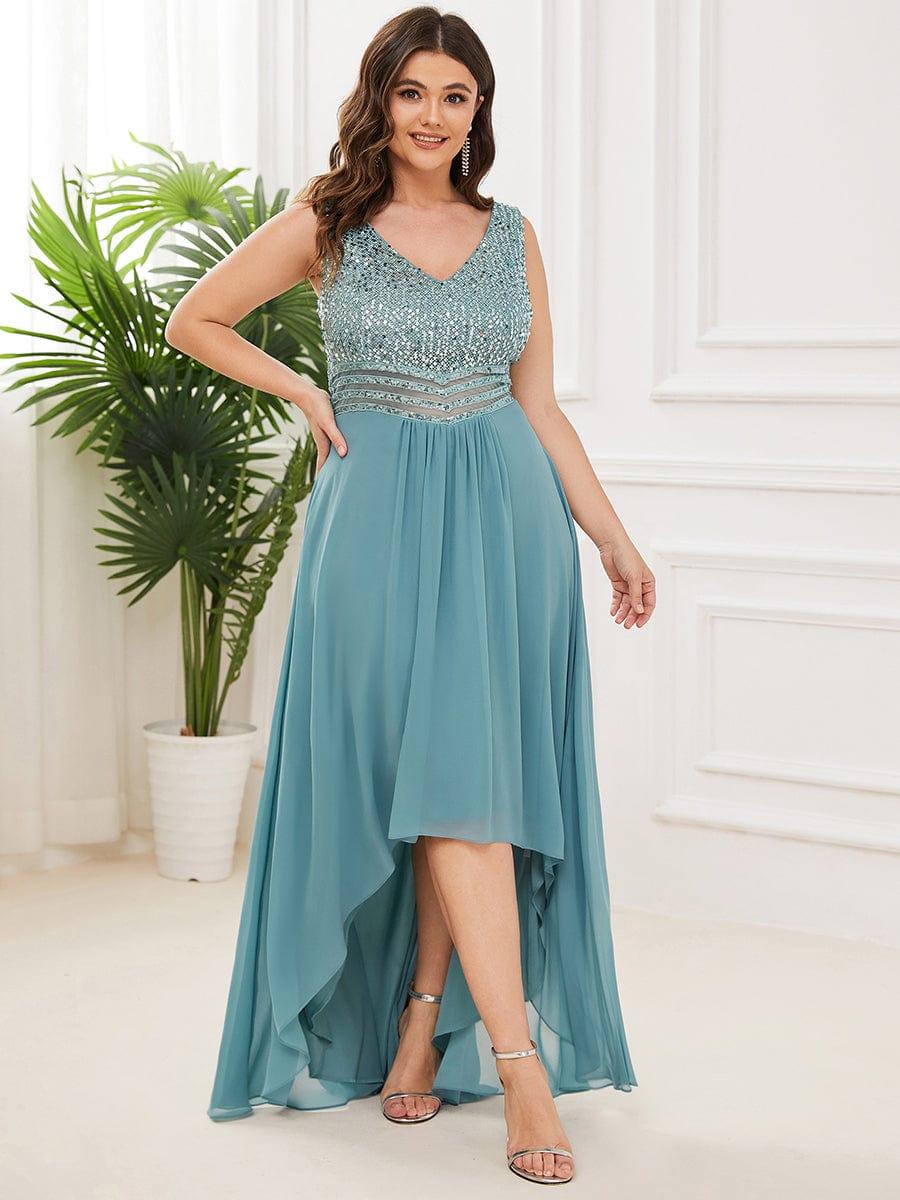 Elegant Paillette & Chiffon V-Neck A-Line Sleeveless Plus Size Evening Dresses #color_Light Teal