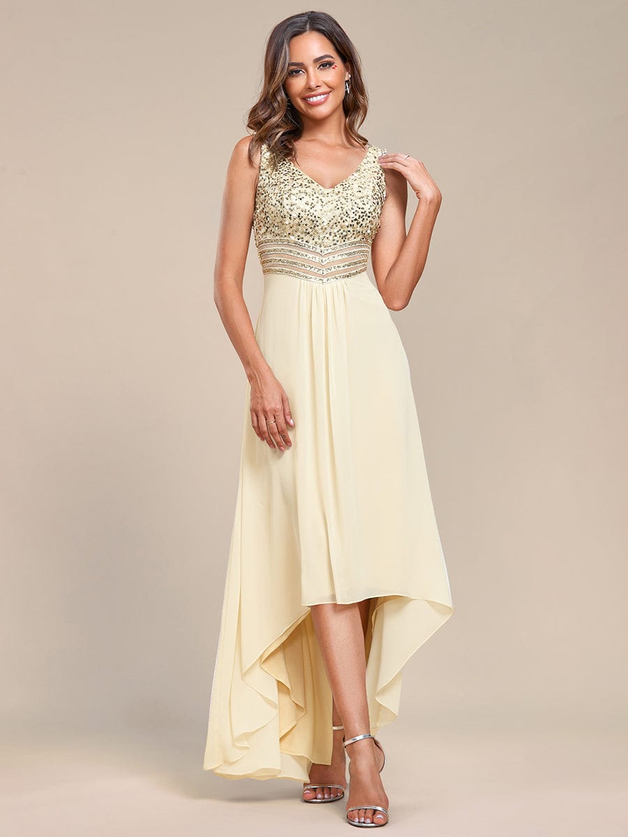 Elegant Paillette & Chiffon V-Neck A-Line Sleeveless Plus Size Evening Dresses #color_Gold