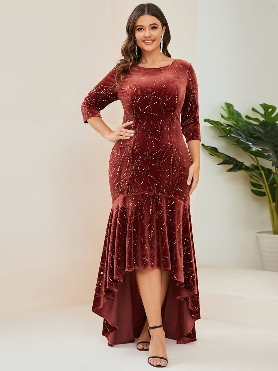 Elegant Plus Size Bodycon High-Low Formal Velvet Party Dress #color_Brick Red