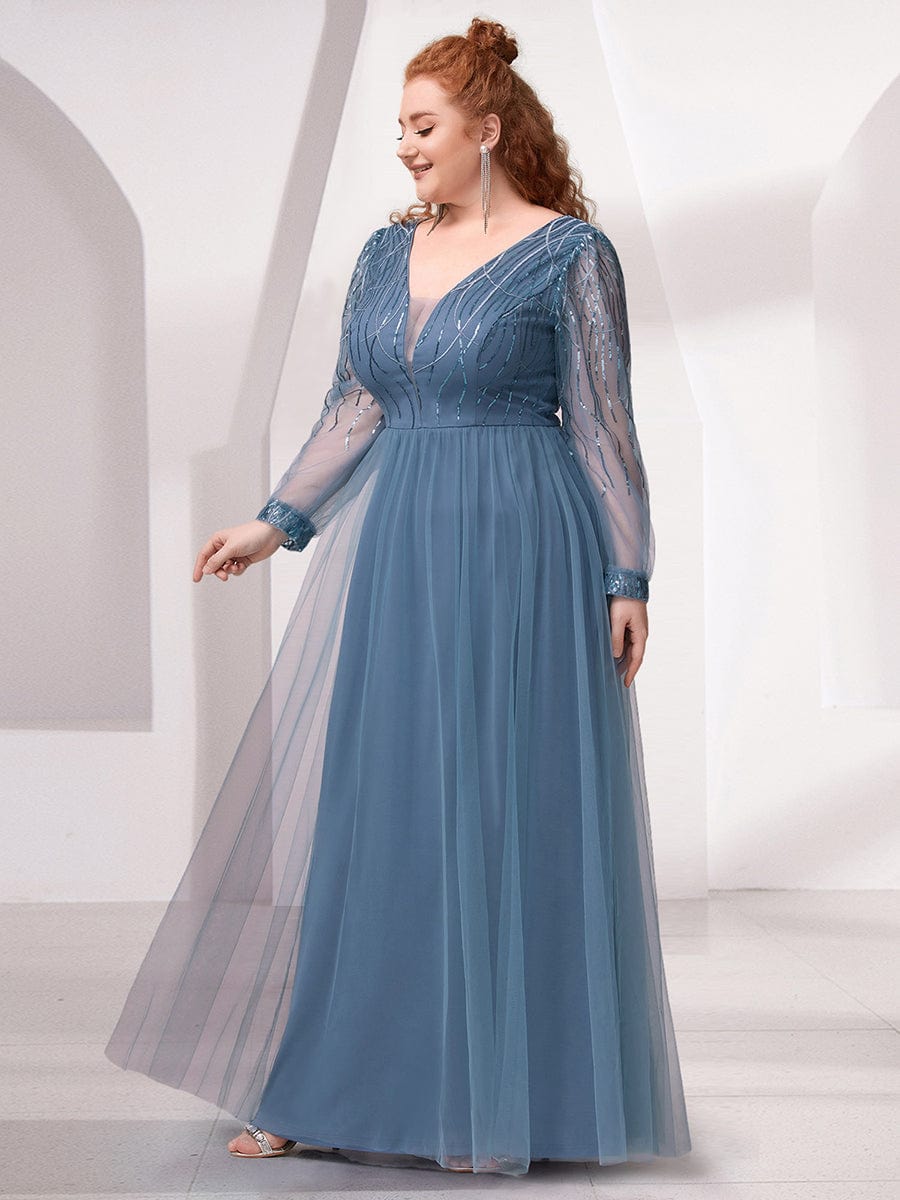 Custom Size Sequin Bodice Sheer Long Sleeves Maxi Evening Dress #color_Green Bean Custom Size Sequin Bodice Sheer Long Sleeves Maxi Evening Dress