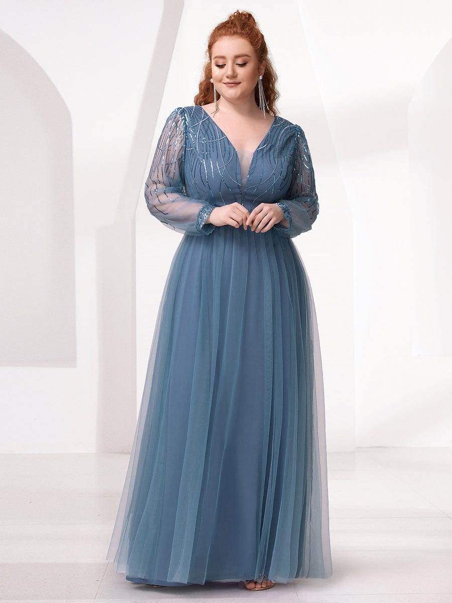 Custom Size Sequin Bodice Sheer Long Sleeves Maxi Evening Dress #color_Green Bean Custom Size Sequin Bodice Sheer Long Sleeves Maxi Evening Dress