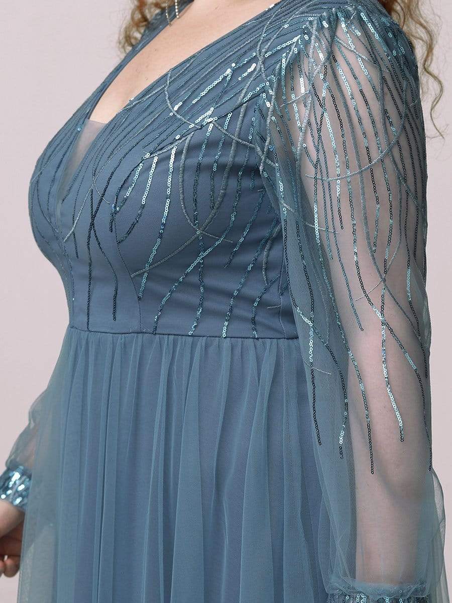 Custom Size Sequin Bodice Sheer Long Sleeves Maxi Evening Dress #color_Green Bean Custom Size Sequin Bodice Sheer Long Sleeves Maxi Evening Dress