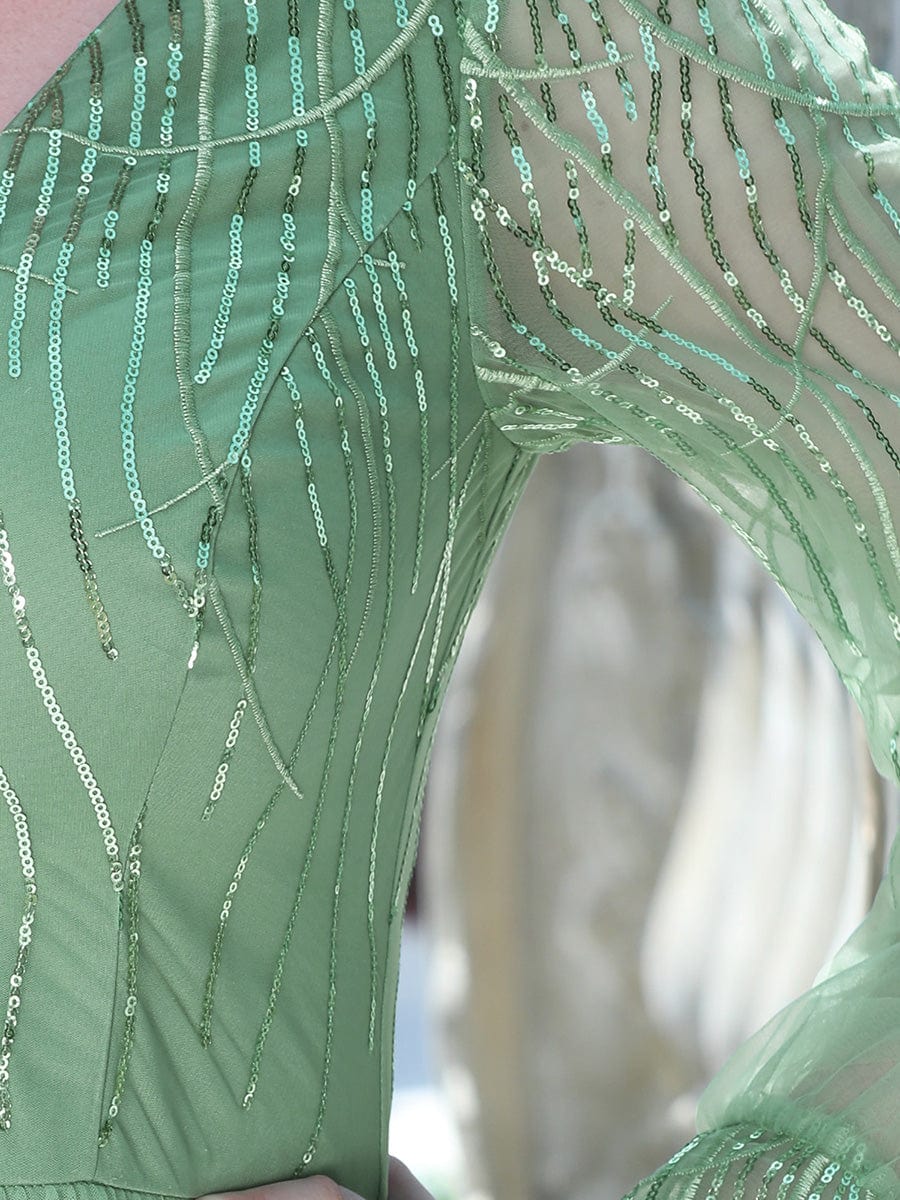 Custom Size Sequin Bodice Sheer Long Sleeves Maxi Evening Dress #color_Green Bean Custom Size Sequin Bodice Sheer Long Sleeves Maxi Evening Dress