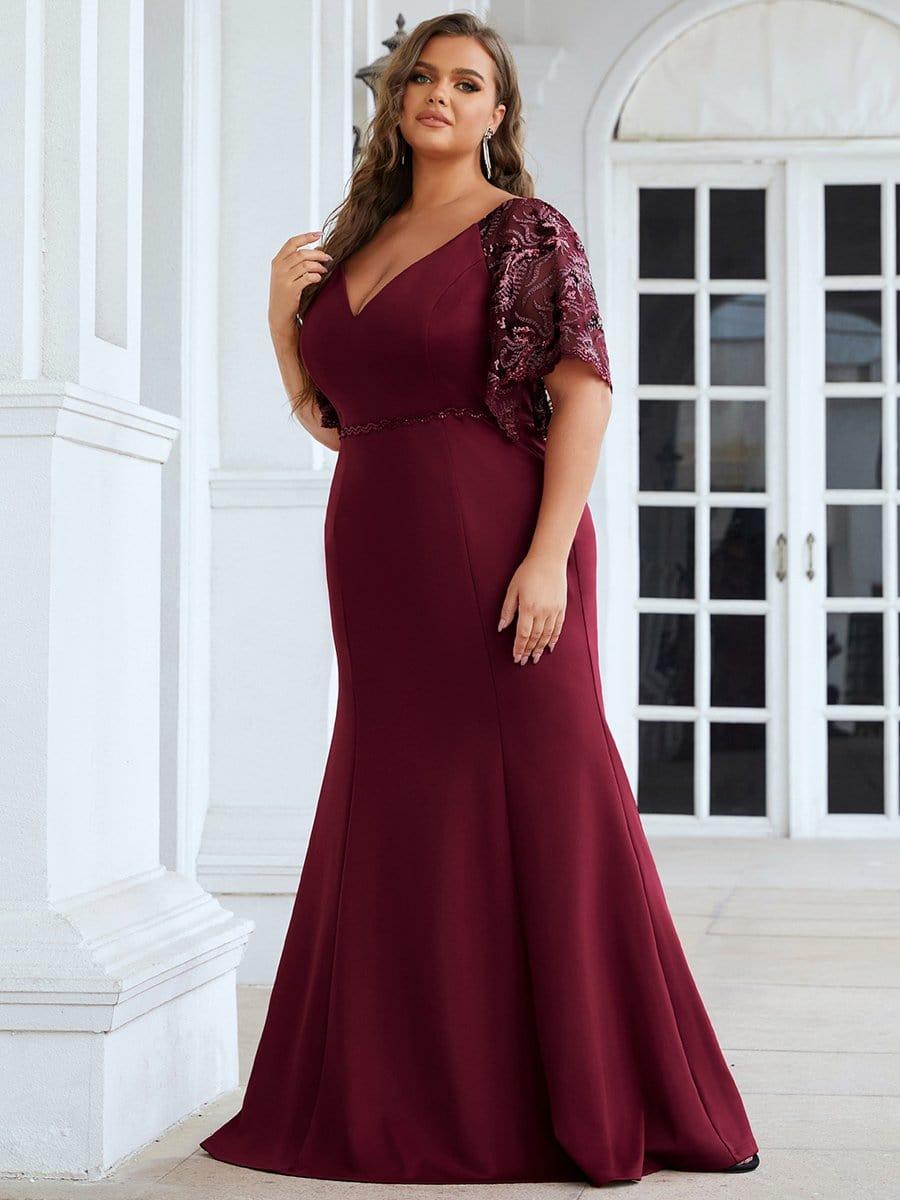 Elegant Plus Size V Neck Fishtail Evening Dress for Women #Color_Burgundy