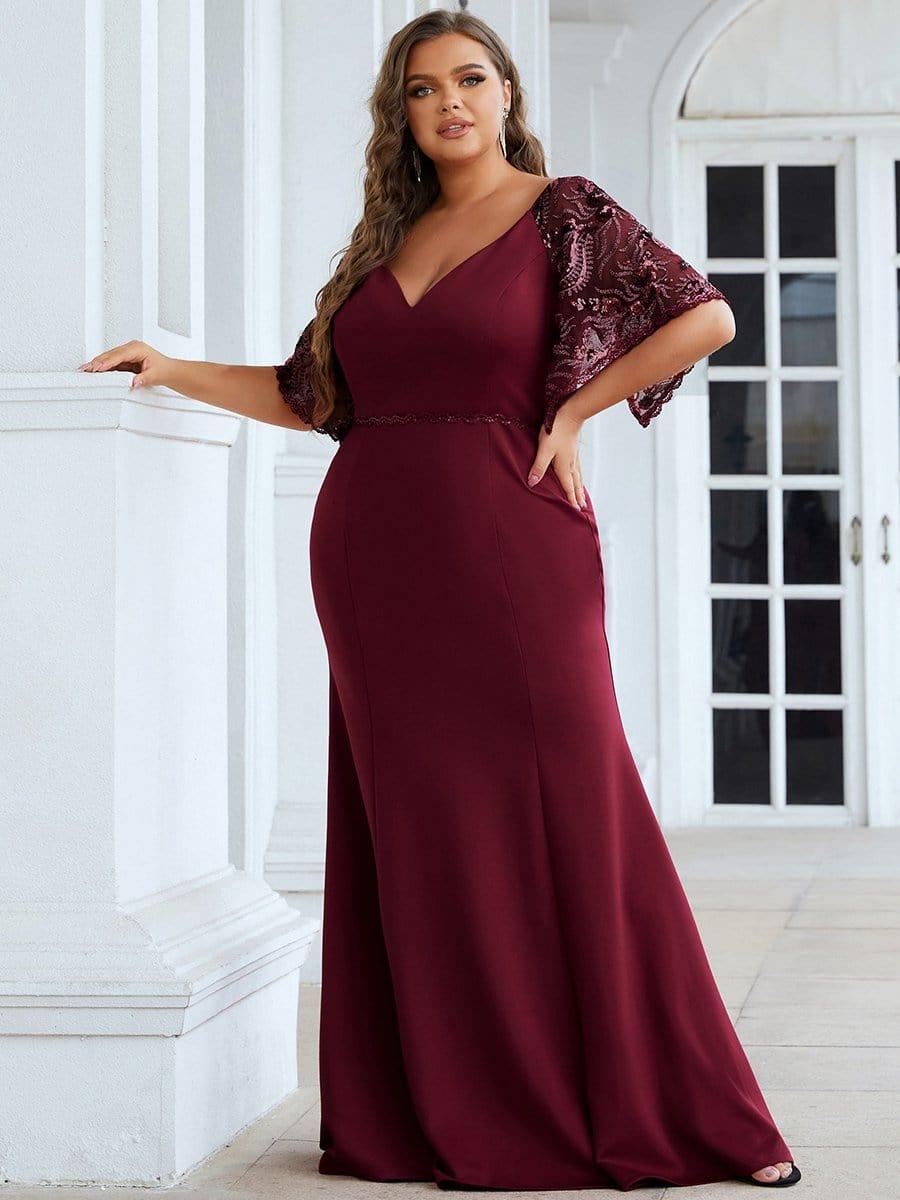 Elegant Plus Size V Neck Fishtail Evening Dress for Women #Color_Burgundy
