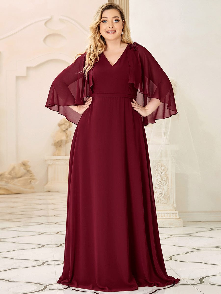 Custom Size Elegant V Neck Chiffon Evening Dresses with Flowy Sleeves #color_Navy Blue Custom Size Elegant V Neck Chiffon Evening Dresses with Flowy Sleeves