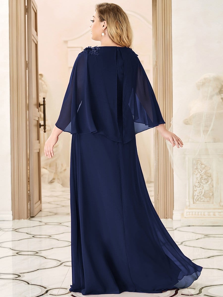 Custom Size Elegant V Neck Chiffon Evening Dresses with Flowy Sleeves #color_Navy Blue Custom Size Elegant V Neck Chiffon Evening Dresses with Flowy Sleeves