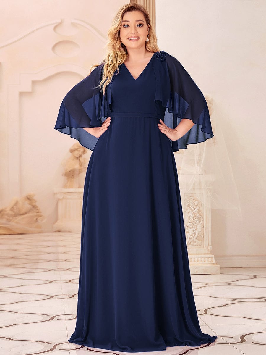 Custom Size Elegant V Neck Chiffon Evening Dresses with Flowy Sleeves #color_Navy Blue Custom Size Elegant V Neck Chiffon Evening Dresses with Flowy Sleeves