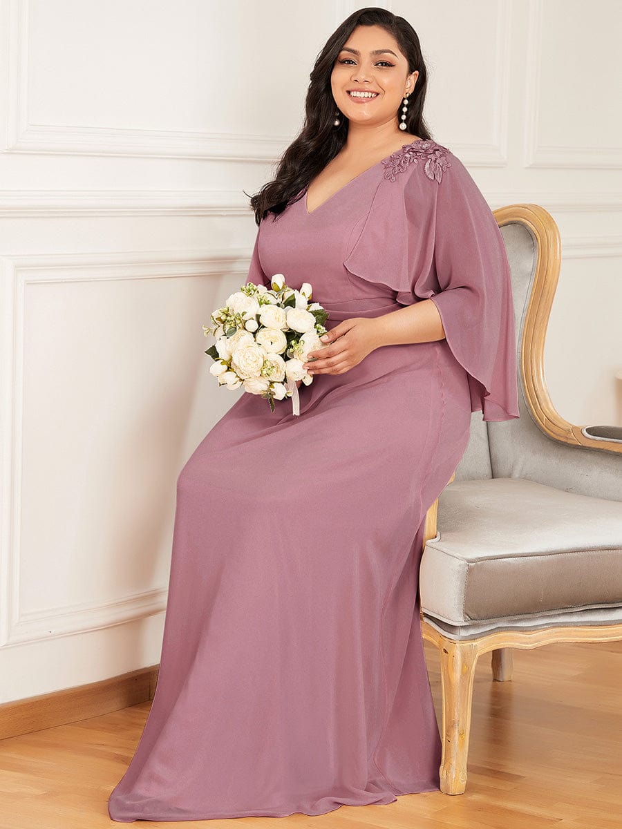 Custom Size Elegant V Neck Chiffon Evening Dresses with Flowy Sleeves #color_Navy Blue Custom Size Elegant V Neck Chiffon Evening Dresses with Flowy Sleeves