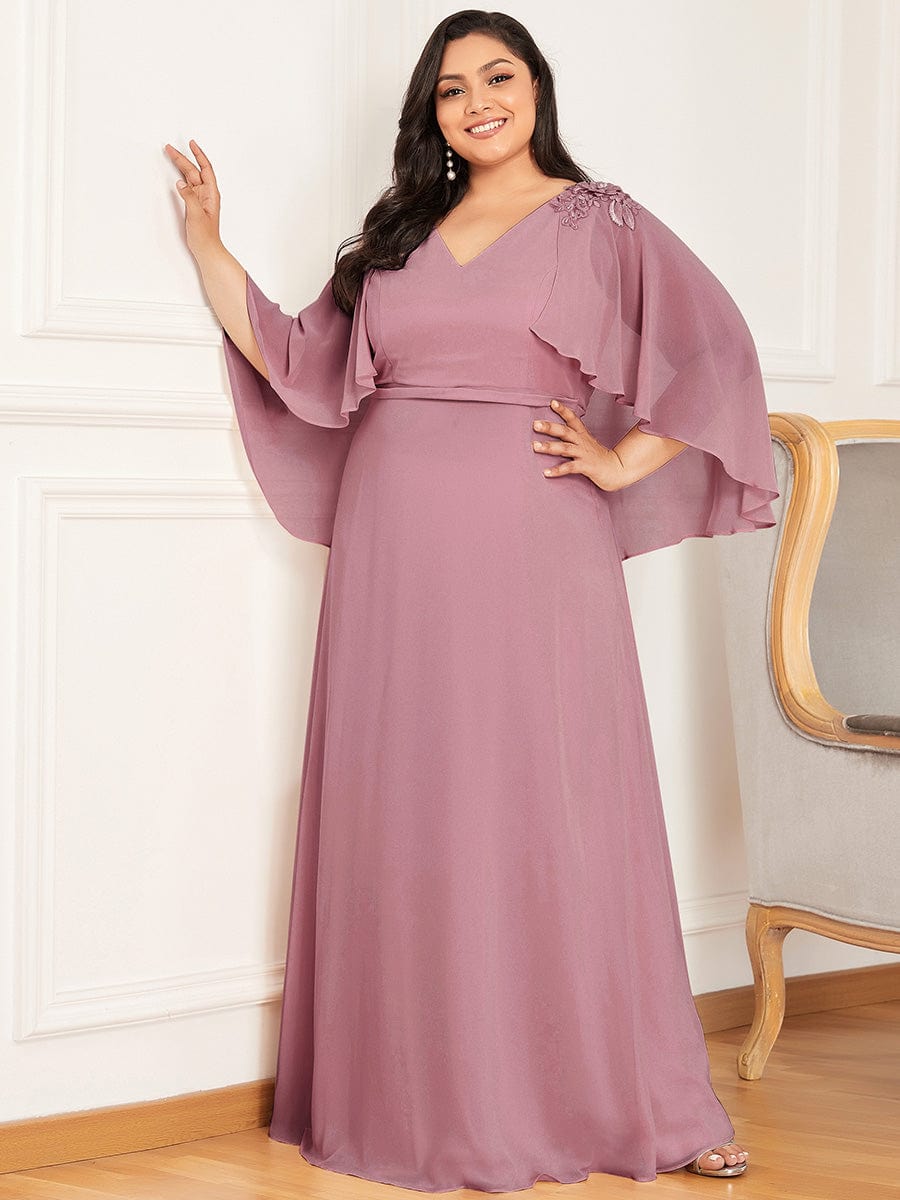Custom Size Elegant V Neck Chiffon Evening Dresses with Flowy Sleeves #color_Navy Blue Custom Size Elegant V Neck Chiffon Evening Dresses with Flowy Sleeves