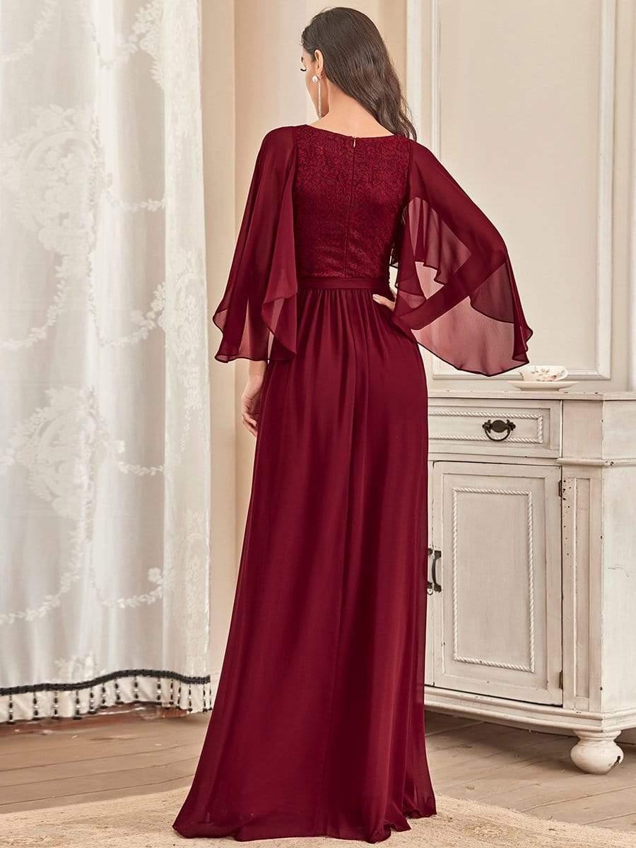 Deep V Neck Lace Bodice Long Flowy Evening Dress #color_Burgundy