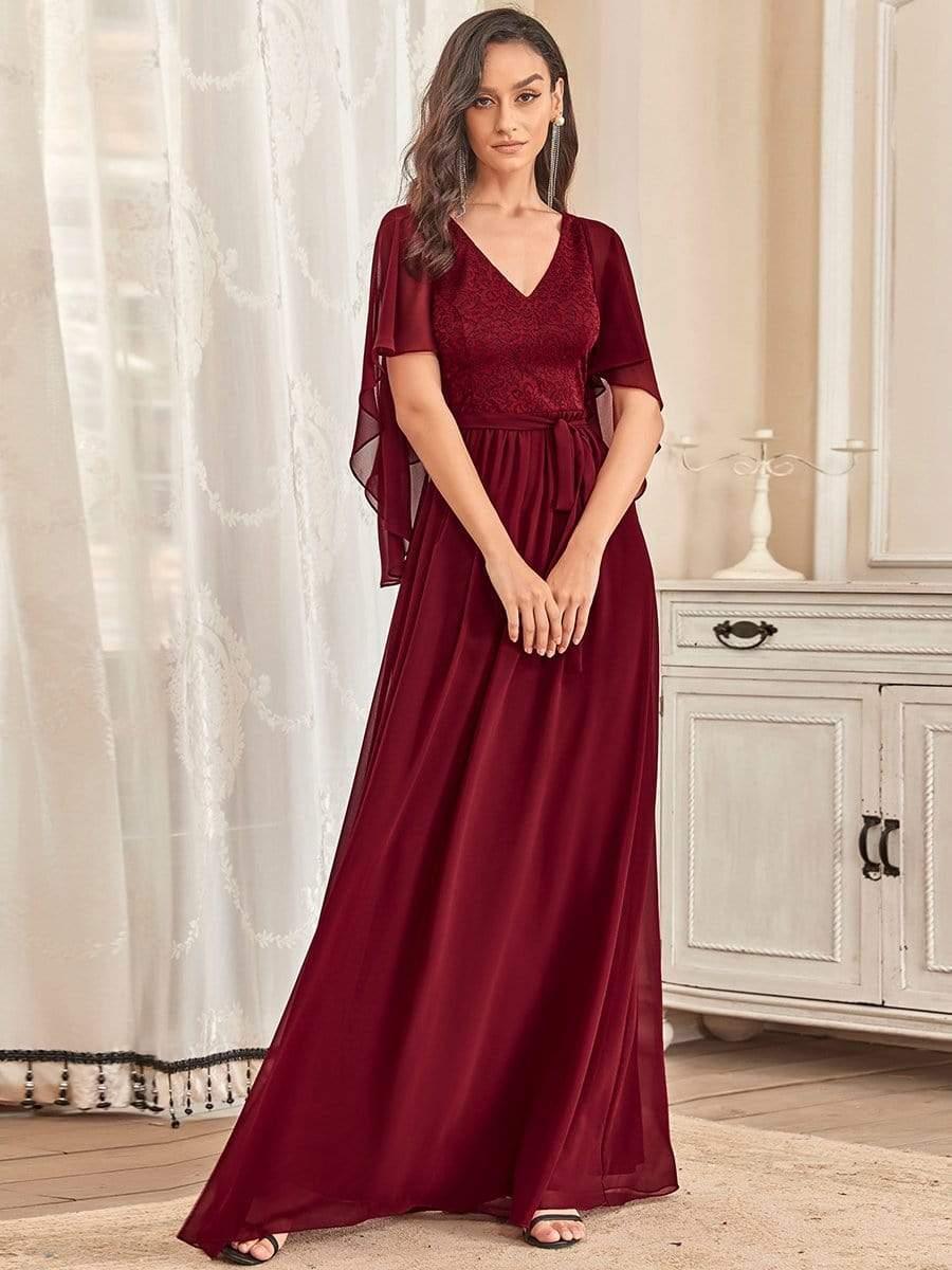 Deep V Neck Lace Bodice Long Flowy Evening Dress #color_Burgundy