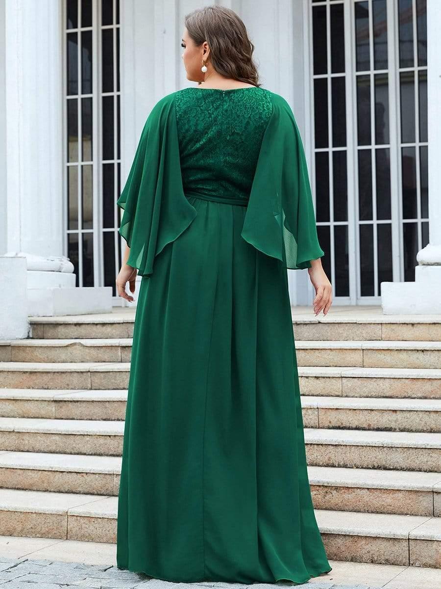 Deep V Neck Lace Bodice Long Flowy Evening Dress #color_Dark Green