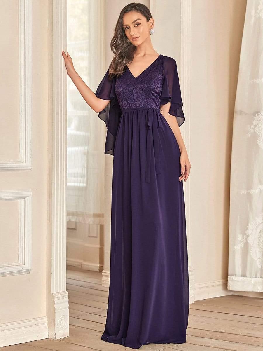 Deep V Neck Lace Bodice Long Flowy Evening Dress #color_Dark Purple