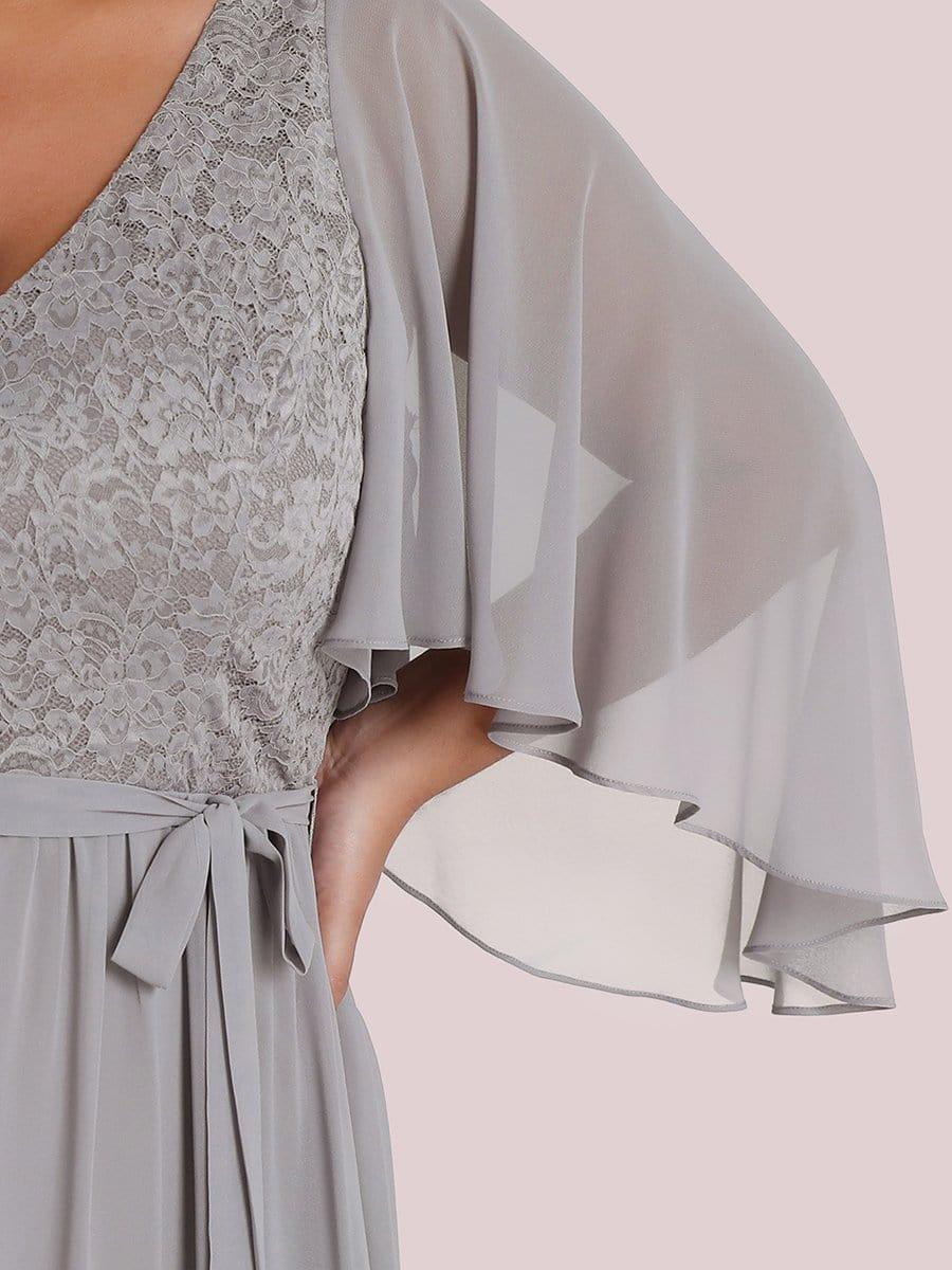 Deep V Neck Lace Bodice Long Flowy Evening Dress #color_Grey