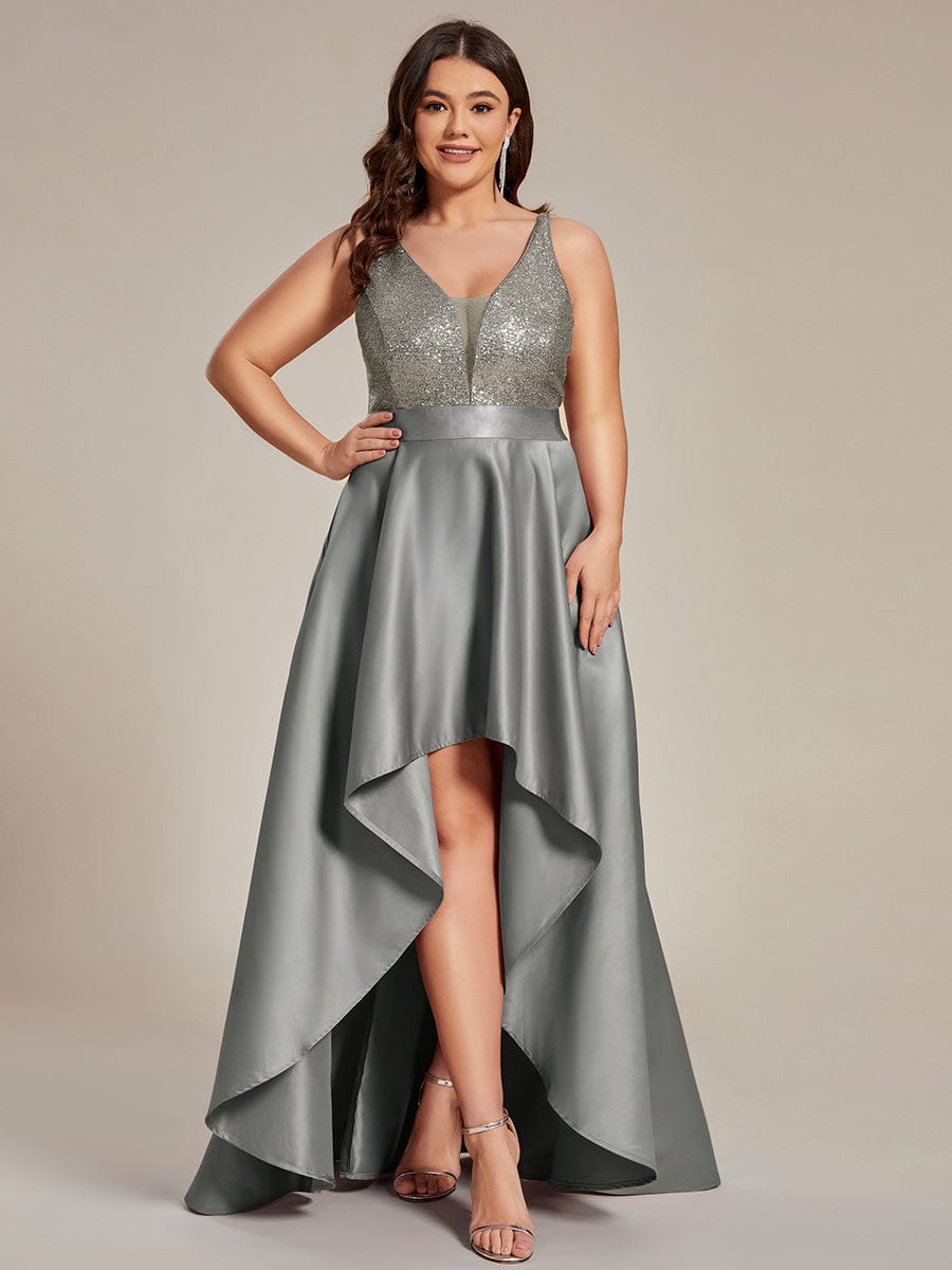 Custom Size Sparkly Bodice High Low Prom Dresses for Women #color_Grey