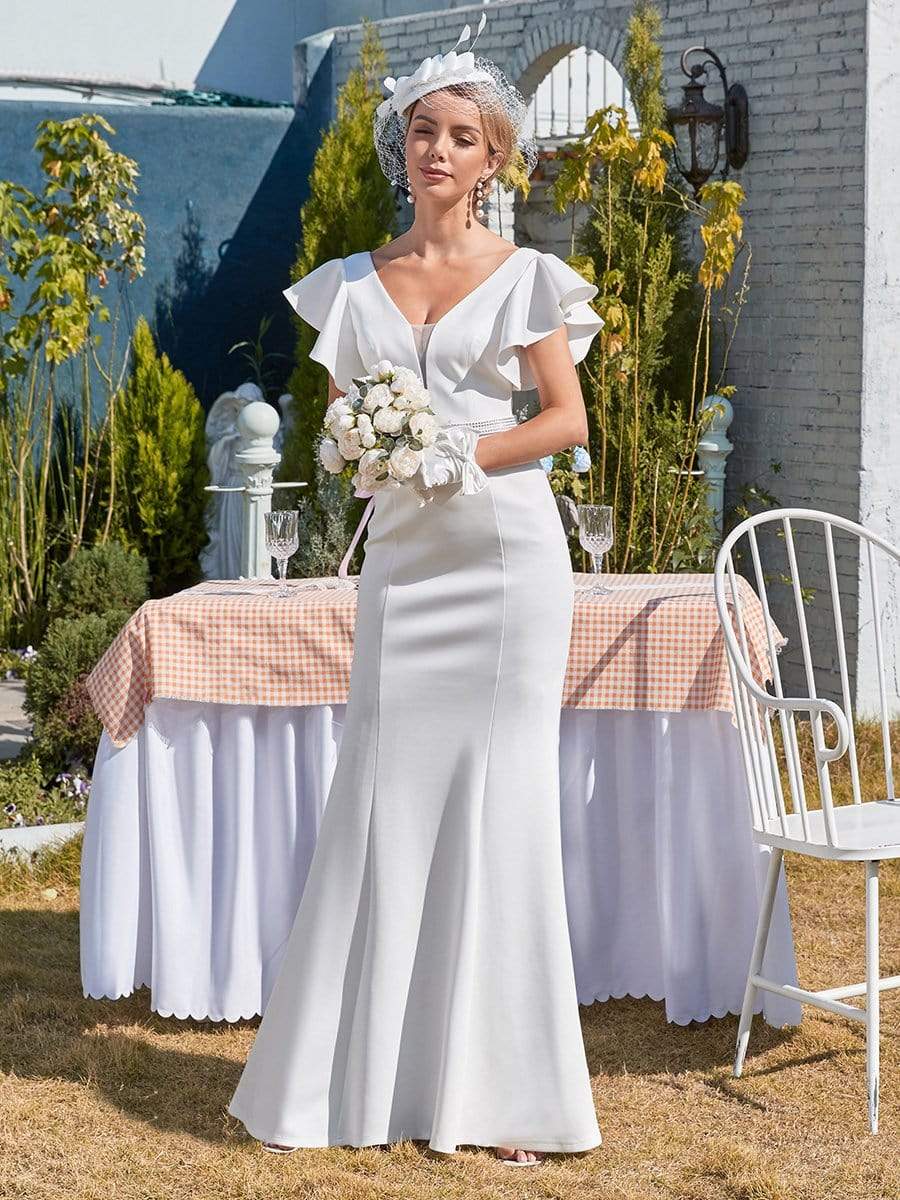 Color=Cream | Plain Maxi Fishtail Wedding Dress With Ruffle Sleeves-Cream 1 Color=Cream | Plain Maxi Fishtail Wedding Dress With Ruffle Sleeves-Cream 4