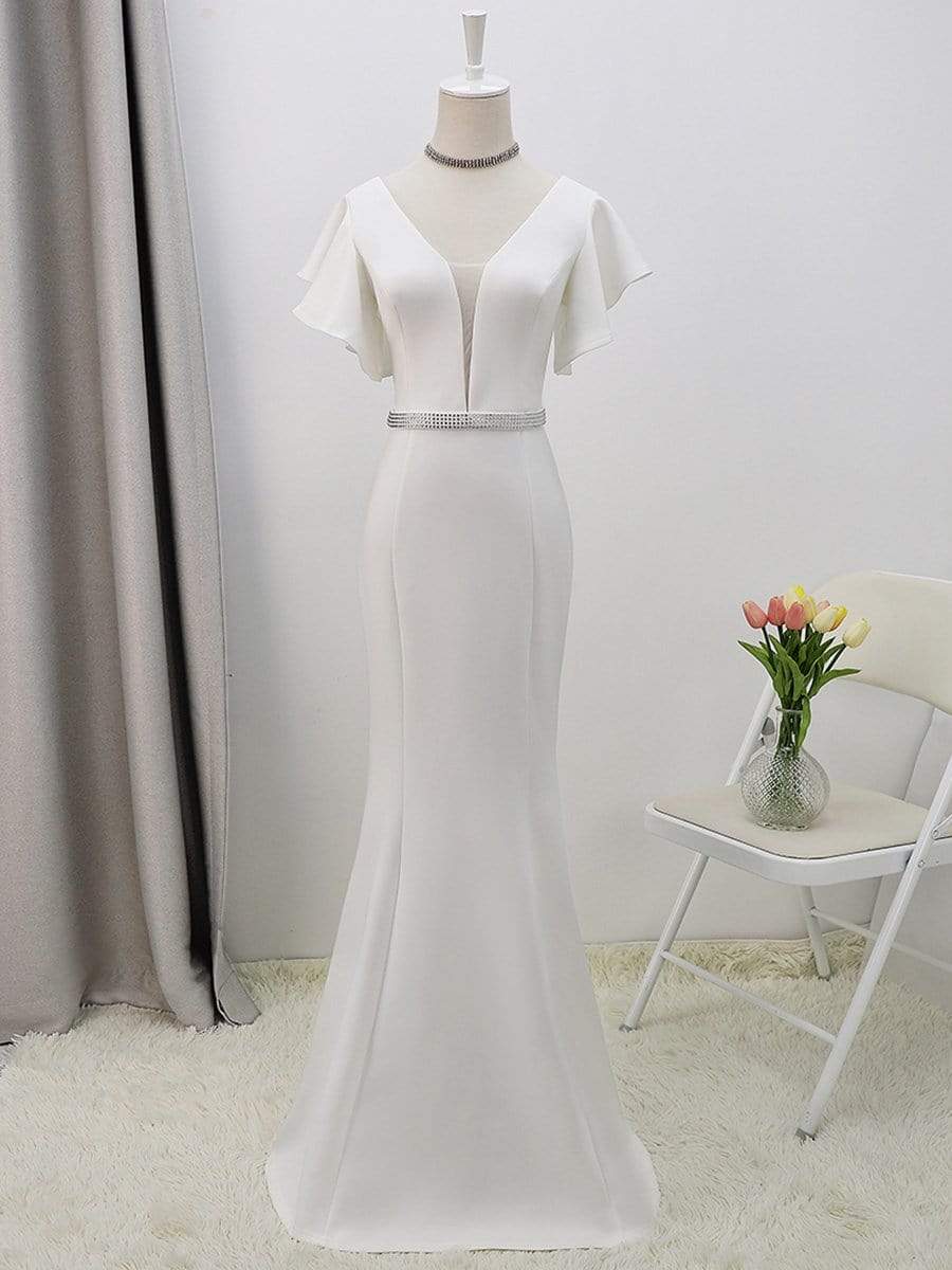 Color=Cream | Plain Maxi Fishtail Wedding Dress With Ruffle Sleeves-Cream 1 Color=Cream | Plain Maxi Fishtail Wedding Dress With Ruffle Sleeves-Cream 8